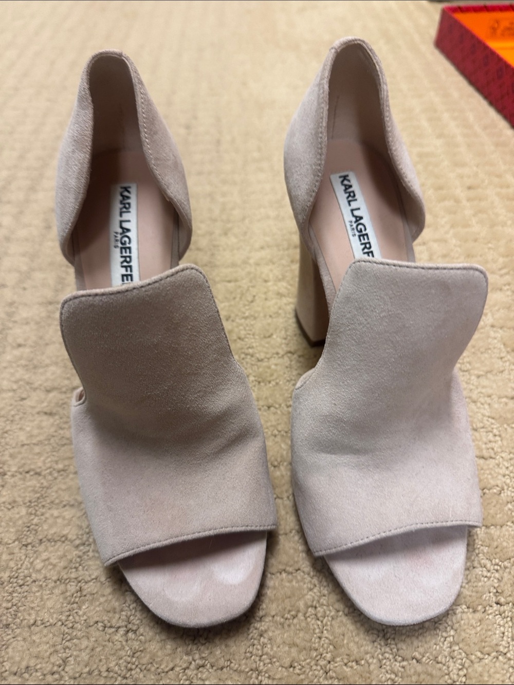 Karl Lagerfeld Beige Suede Open-Toe Block Heel Pumps